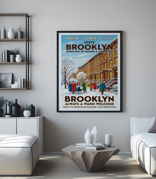 New York City Visit Brooklyn poster with winter street scene and people.