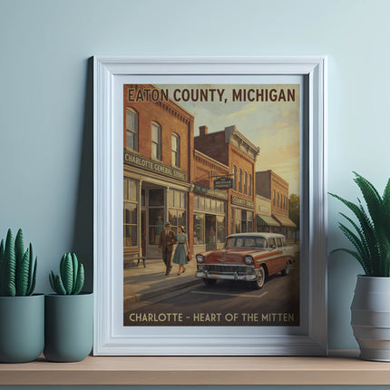 Eaton County, Michigan art with vintage car, couple, and shops called Charlotte General Store.