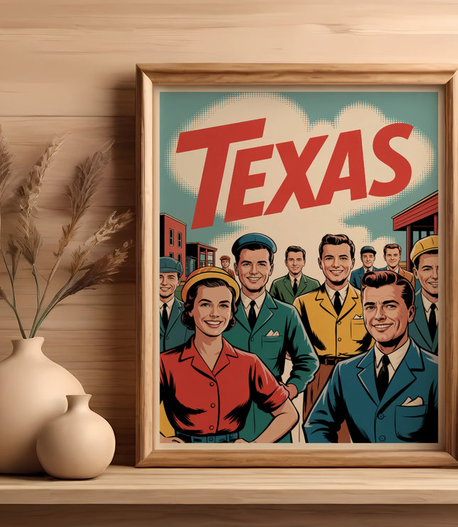 Framed retro art of smiling people with "TEXAS" in large red letters.