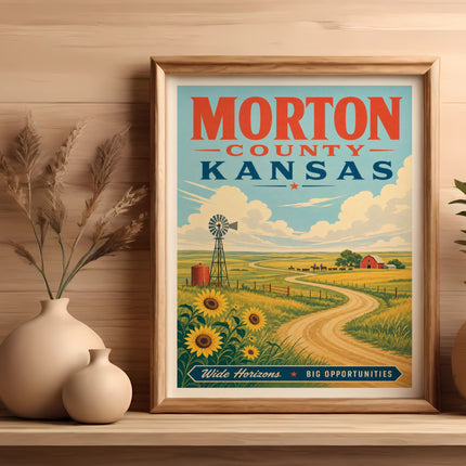 Framed poster of Morton County, Kansas, with a windmill, sunflowers, and text "Wide Horizons Big Opportunities".