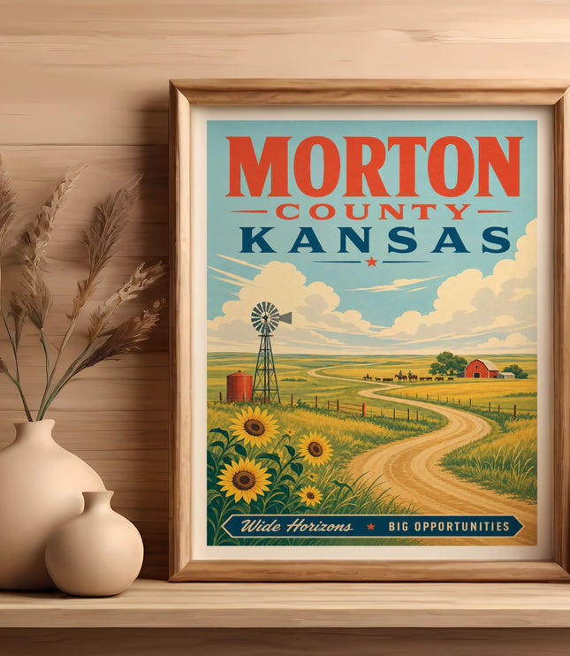 Framed poster of Morton County, Kansas, with a windmill, sunflowers, and text "Wide Horizons Big Opportunities".