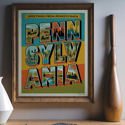 Vintage postcard featuring "Greetings from Pennsylvania" with colorful city and countryside scenes.