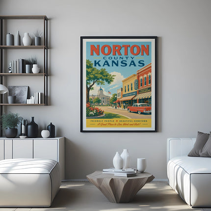Vintage poster for Norton County, Kansas, featuring Main Street with historic buildings.