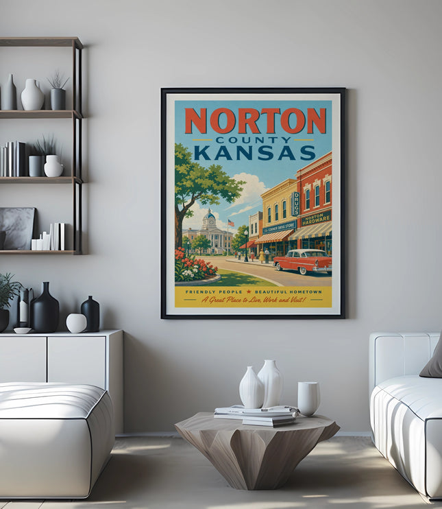 Vintage poster for Norton County, Kansas, featuring Main Street with historic buildings.