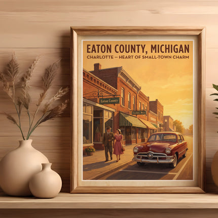 Framed poster of Eaton County, Michigan with vintage car and couple.