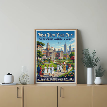 Visit New York City Teaching Hospital Campus poster with people walking.