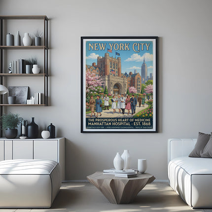 New York City Manhattan Hospital est. 1868 illustration with people in vintage clothing.