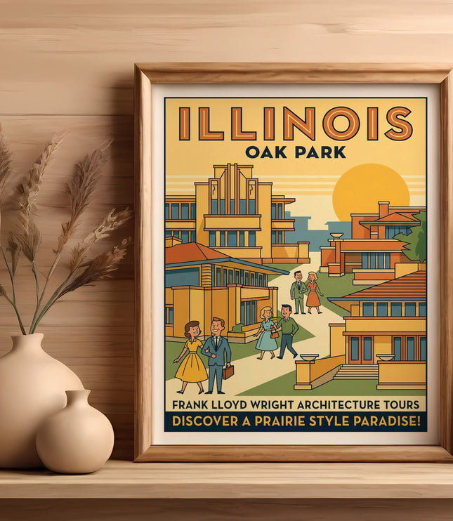 Illinois Oak Park Frank Lloyd Wright Architecture Tours poster featuring prairie style homes.