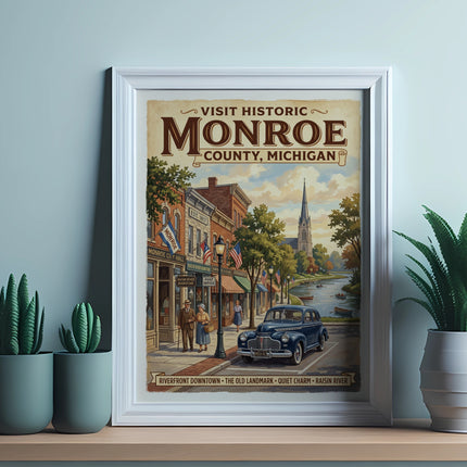 Vintage style poster of Monroe, Michigan with a classic car and river scene.