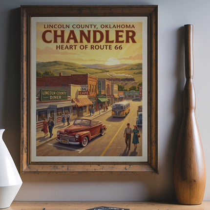 Vintage poster of Chandler, Oklahoma, Heart of Route 66, with classic cars and buildings.