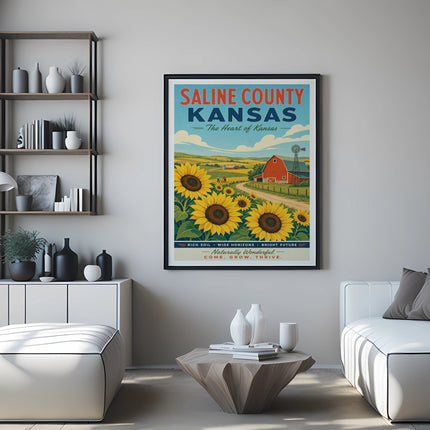 Saline County Kansas poster with sunflowers, barn, and windmill.