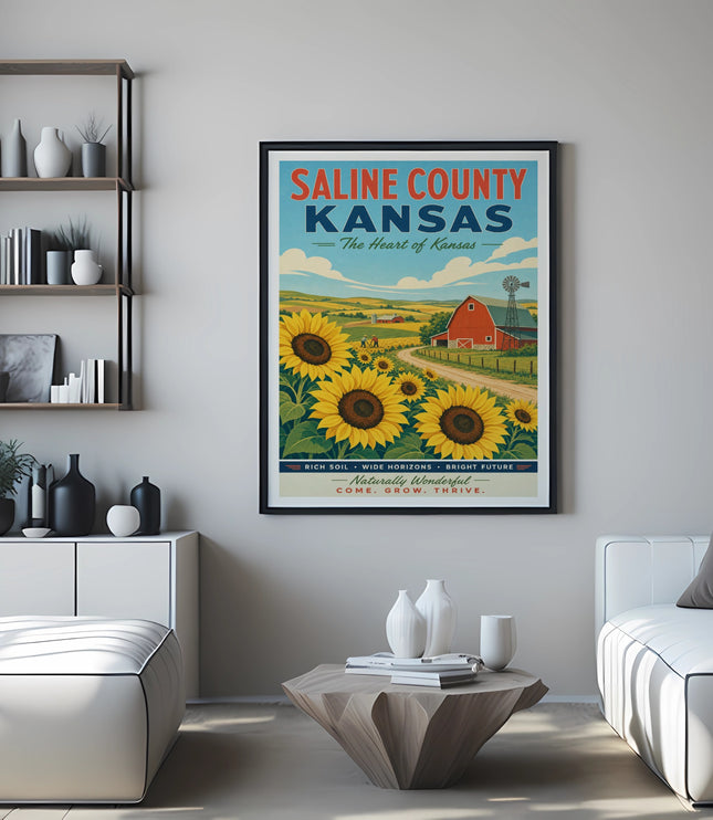 Saline County Kansas poster with sunflowers, barn, and windmill.