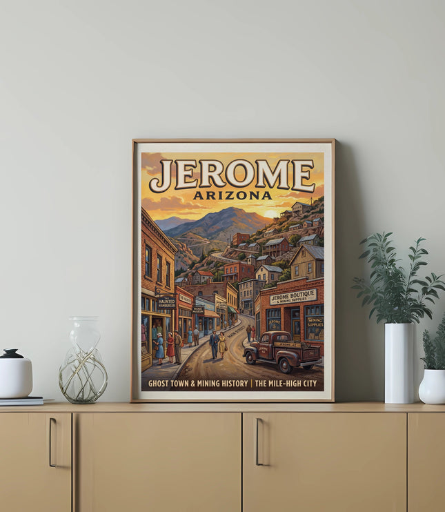 Jerome Arizona vintage travel poster depicting Main Street and buildings.