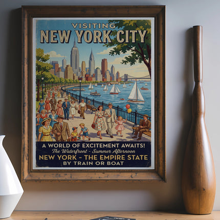 Vintage poster for visiting New York City by train or boat.