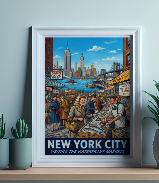 New York City waterfront market scene with Empire State Building and Brooklyn Bridge.