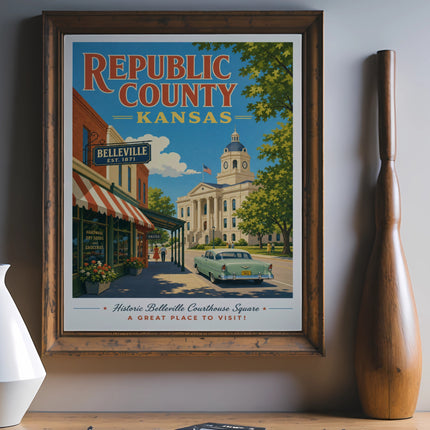 Republic County Kansas poster showing Belleville Courthouse Square and storefronts.
