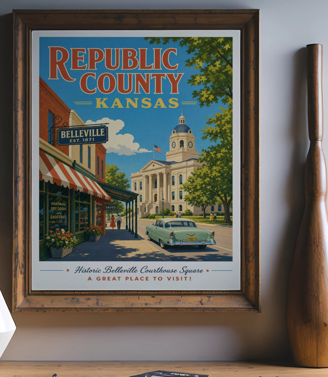 Republic County Kansas poster showing Belleville Courthouse Square and storefronts.