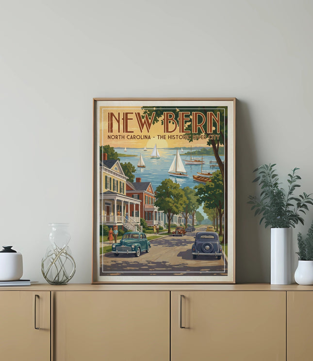 New Bern, North Carolina historic river city vintage travel poster with sailboats.