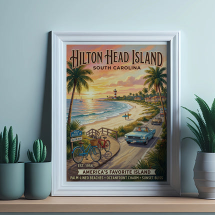 Vintage Hilton Head Island poster showing beach, bikes, and a convertible.