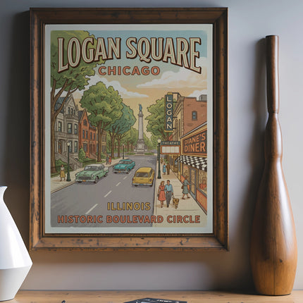 Retro poster of Logan Square, Chicago with Diane's Diner and historic boulevard.