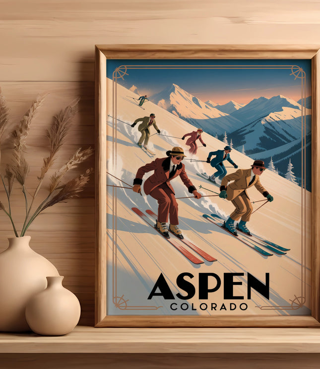 Vintage poster of skiers on a snowy mountain slope with "Aspen Colorado" text.
