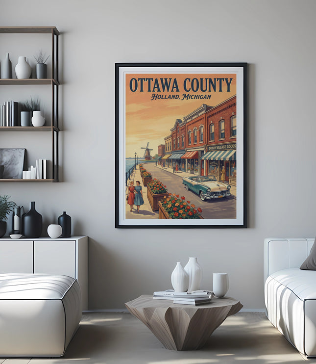 Framed travel poster "Ottawa County, Holland, Michigan" with street scene and vintage car.