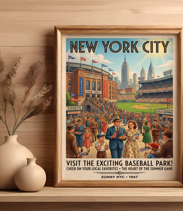Vintage New York City baseball poster showing Yankees Stadium with text "Visit the Exciting Baseball Park!"