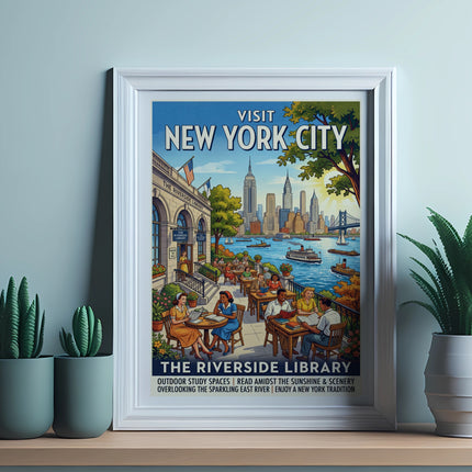 Poster for The Riverside Library, NYC, with people relaxing by the East River.