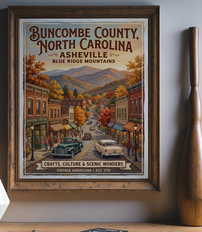 Buncombe County, North Carolina travel poster with Asheville and Blue Ridge Mountains.