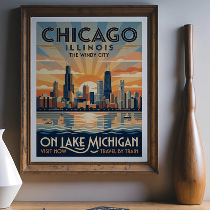 Framed Chicago Illinois The Windy City vintage travel poster on Lake Michigan.