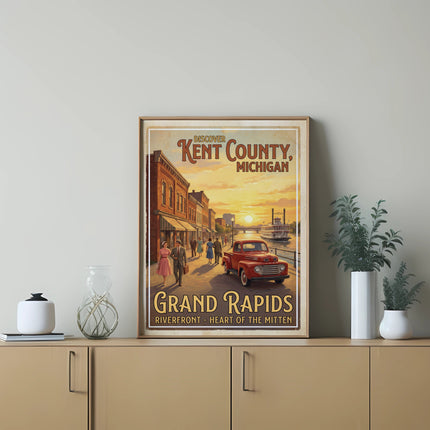 Poster depicting Kent County, Michigan and Grand Rapids riverfront at sunset.
