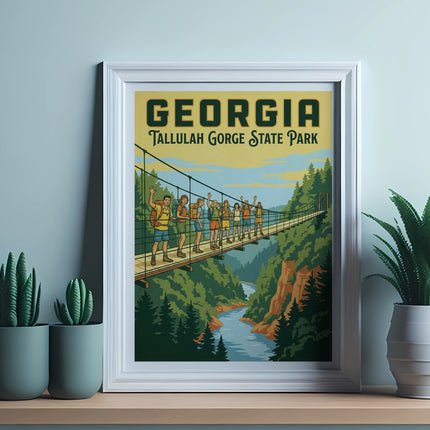 Framed poster of Tallulah Gorge State Park with people on a suspension bridge.