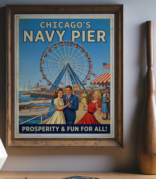 Poster for Chicago's Navy Pier with Ferris wheel, couples dancing, and boats.