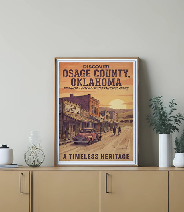 Poster "Discover Osage County, Oklahoma" with a vintage town scene.