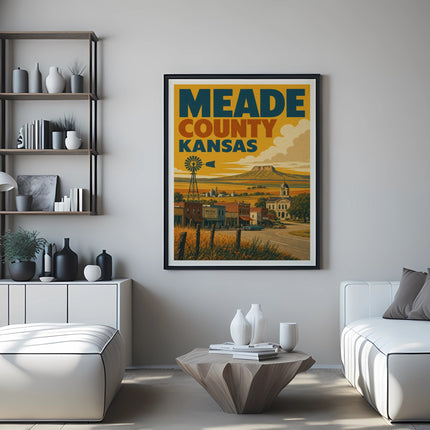 Meade County Kansas vintage travel poster with windmill and town scene.