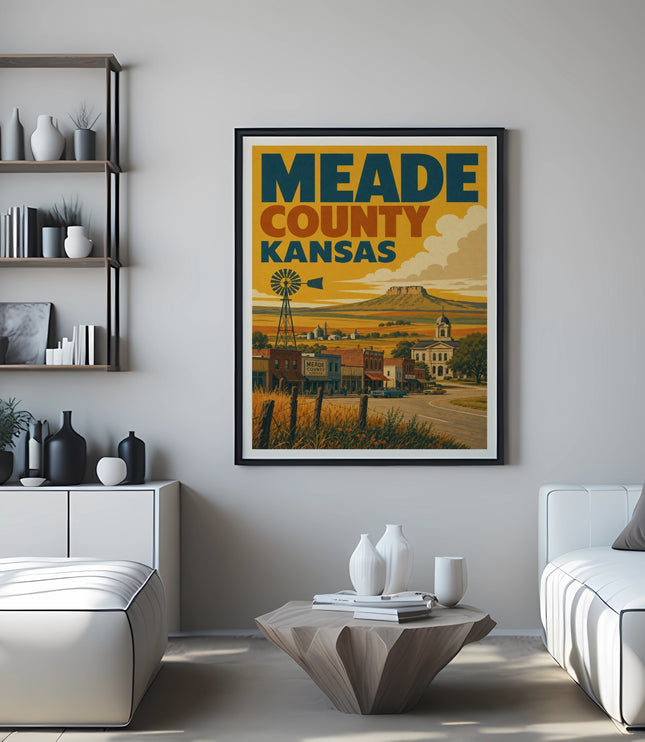 Meade County Kansas vintage travel poster with windmill and town scene.