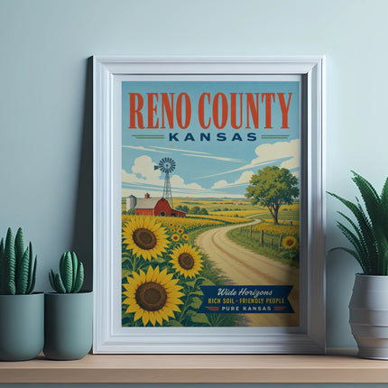 Reno County Kansas poster with sunflowers, windmill, and rolling hills.