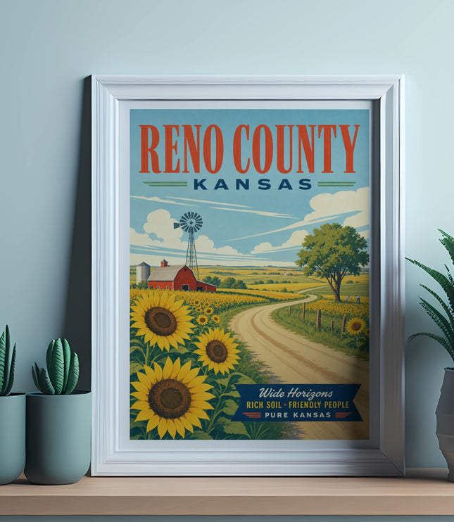 Reno County Kansas poster with sunflowers, windmill, and rolling hills.