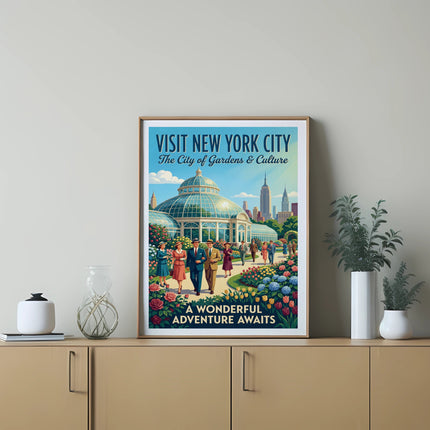 Vintage New York City travel poster with text "Visit New York City" and floral garden scene.