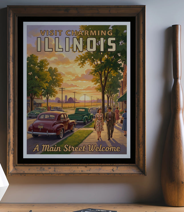 Vintage poster of Illinois main street scene with classic cars and people.