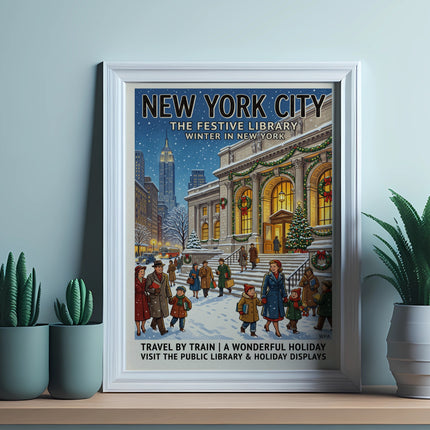 New York City festive library poster with holiday displays and travel information.