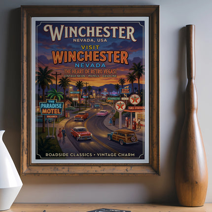Winchester, Nevada vintage travel poster with classic cars and motels.