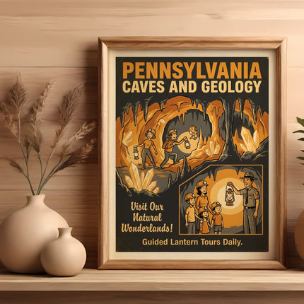 Poster for Pennsylvania Caves and Geology, highlighting guided lantern tours.
