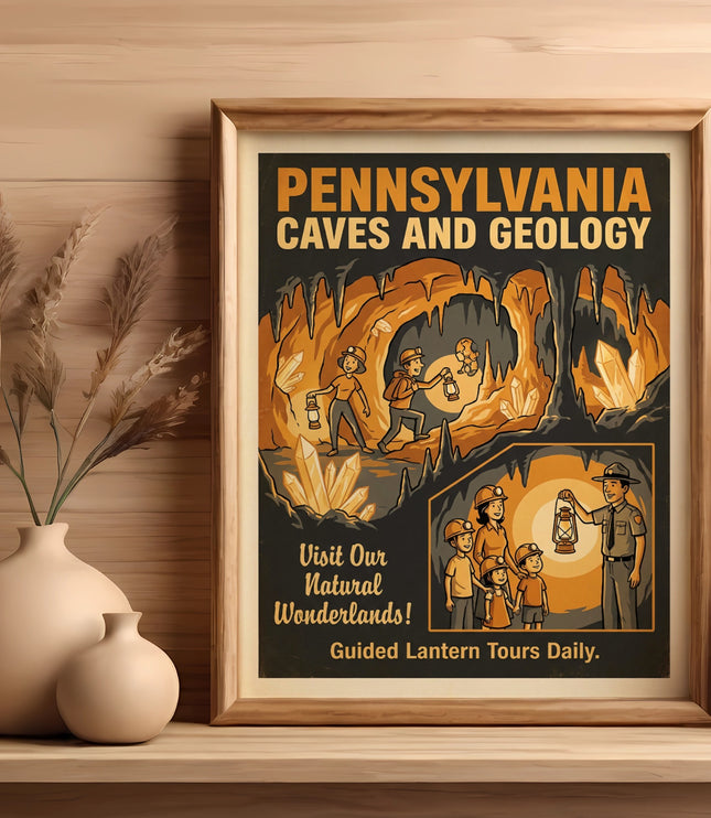 Poster for Pennsylvania Caves and Geology, highlighting guided lantern tours.