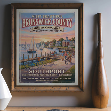 Brunswick County, North Carolina Southport vintage travel poster with sailboats and bicycles.