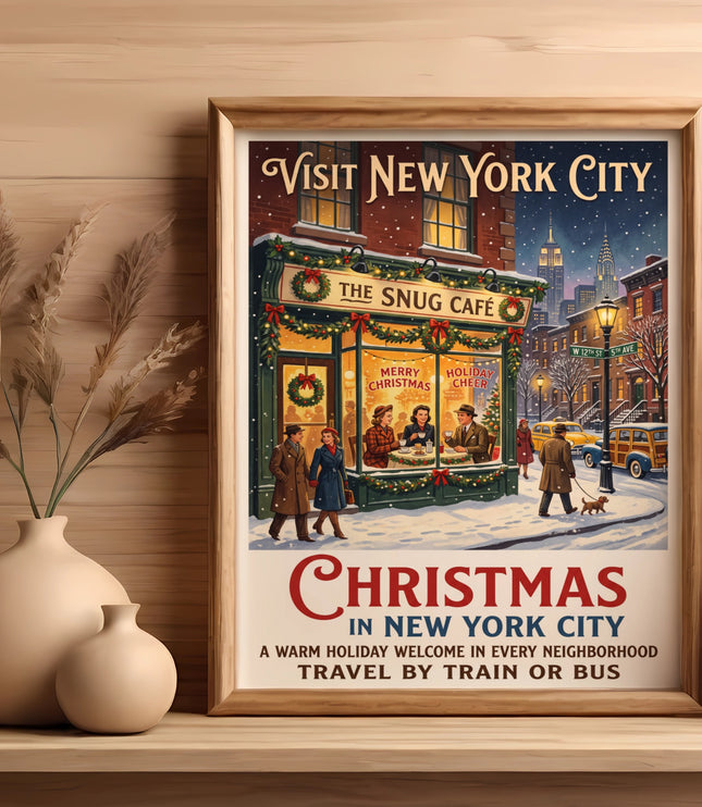 Vintage travel poster for Christmas in New York City, showing "The Snug Cafe".
