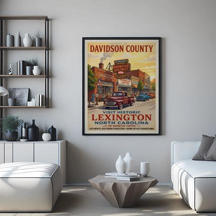 Davidson County poster with Lexington Barbecue District and vintage trucks.