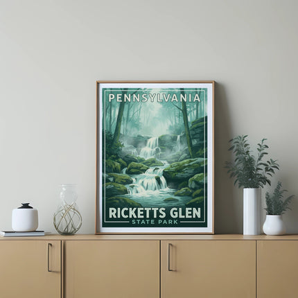 Framed Ricketts Glen State Park Pennsylvania scenic waterfall poster on a wooden dresser.