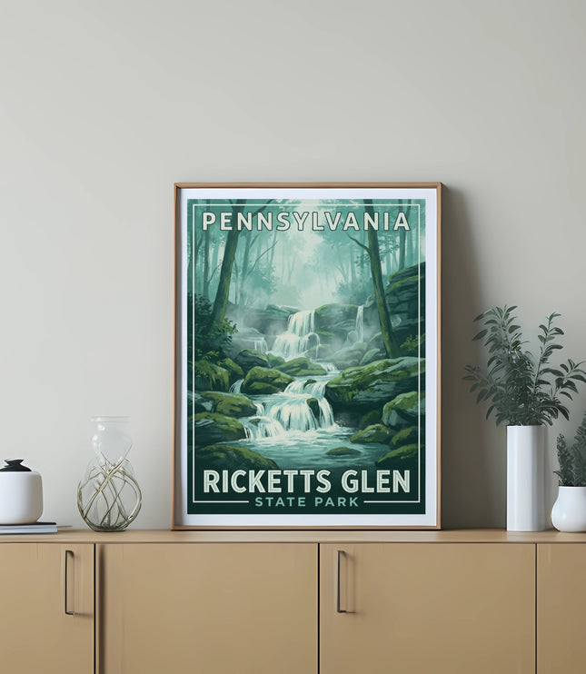 Framed Ricketts Glen State Park Pennsylvania scenic waterfall poster on a wooden dresser.