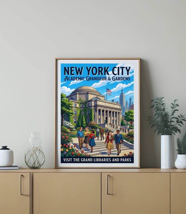 New York City poster with academic buildings, gardens, and people. Visit the Grand Libraries and Parks.